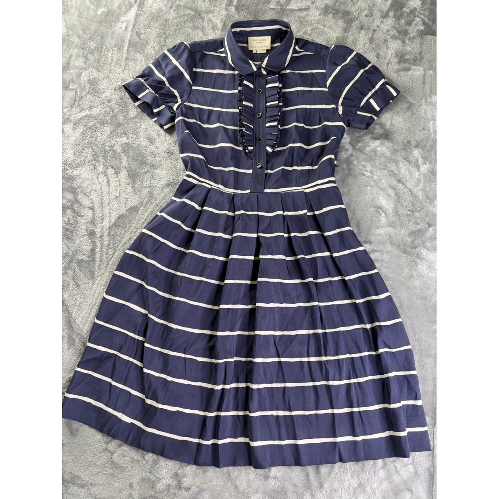 Kate Spade New York Striped Silk Shirt Dress Womens Size 0 Navy Blue Ruffle